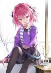  1boy absurdres astolfo_(fate) bangs black_bow black_legwear blush bow braid fate/apocrypha fate/grand_order fate_(series) hair_between_eyes hair_intakes highres jas_(annkoromochi) long_hair long_sleeves looking_at_viewer male_focus multicolored_hair naughty_face navel open_mouth otoko_no_ko pantyhose pink_hair pleated_skirt single_braid sitting skirt smile tongue tongue_out very_long_hair violet_eyes 