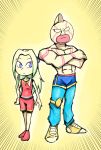  1boy 1girl arm_at_side athlete athletic blue_pants blue_shorts commentary commission confused crossed_arms crossover edelgard_von_hresvelg english_commentary fire_emblem fire_emblem:_three_houses hair_intakes hair_ribbon kinnikuman kinnikuman_super_phoenix lips long_hair mask no_pupils pants red_footwear red_shorts red_tank_top ribbon setz shirtless shorts simple_background size_difference standing staring tank_top trait_connection violet_eyes white_hair wrestler wrestling_outfit yellow_background yellow_footwear 