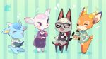  1girl 3boys :3 animal_ears bangs barefoot black-framed_eyewear black_vest blue_hair blue_neckwear blush blush_stickers book bottomless cat_ears cat_tail chair closed_eyes closed_mouth commentary_request cookie cup deer_ears deer_tail doubutsu_no_mori dress drink fangs flat_chest food formal full_body furry glasses gradient gradient_background green_background green_sweater grey_sweater hands_up happy holding horns jack_(doubutsu_no_mori) kishibe legs_together long_sleeves multiple_boys musical_note natalie_(doubutsu_no_mori) necktie open_book open_mouth pawpads paws peter_(doubutsu_no_mori) pink_hair plate platinum_blonde_hair purple_dress rem_(doubutsu_no_mori) saucer shiny shiny_hair shirt short_hair simple_background sitting smile standing striped striped_background sweater tail tea teacup vest violet_eyes white_shirt 