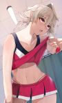  1boy asymmetrical_hair blush cheerleader collarbone commentary_request corrin_(fire_emblem) corrin_(fire_emblem)_(male) cowboy_shot crossdressinging eyelashes fire_emblem fire_emblem_fates hair_between_eyes head_tilt highres indoors lifted_by_self looking_to_the_side medium_hair midriff miniskirt nail_polish navel open_mouth otoko_no_ko pointy_ears red_eyes red_shirt red_skirt shirt shirt_lift sidelocks skirt sleeveless sleeveless_shirt solo sweat sweatdrop w_(1999_kyu) 