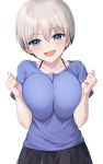  1girl :d blue_eyes blue_shirt blush bra_strap breast_squeeze breasts collarbone commentary eyebrows_visible_through_hair fang hair_between_eyes halterneck highres large_breasts looking_at_viewer open_mouth shirt short_hair short_sleeves silver_hair simple_background skin_fang smile solo upper_body uzaki-chan_wa_asobitai! uzaki_hana white_background yumaomi 