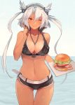  1girl anchor_necklace ass_visible_through_thighs belt bikini blush breasts cowboy_shot dolphin_shorts food groin hair_between_eyes hamburger kantai_collection kasumi_(skchkko) looking_at_viewer medium_breasts musashi_(kantai_collection) navel no_eyewear ocean one_eye_closed red_eyes shorts smile solo swimsuit thigh_gap twintails water 