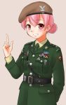  1girl belt beret black_belt bow brown_headwear coat cowboy_shot ebifly green_coat grey_background hair_bow hand_up hat index_finger_raised long_sleeves looking_at_viewer medal military military_uniform original pink_eyes pink_hair simple_background smile soldier solo uniform 