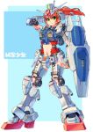  1girl absurdres ag_00000 bangs eyebrows_visible_through_hair fingerless_gloves gloves green_eyes gundam gundam_0083 gundam_gp-01_zephyranthes hand_behind_head highres holding holding_shield looking_to_the_side mecha_musume open_hand redhead shield solo standing v-fin v-shaped_eyebrows 