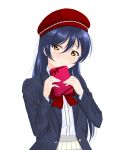  1girl bangs beret blue_hair blush box commentary_request gift gift_box hair_between_eyes hat highres holding holding_gift long_hair long_sleeves looking_at_viewer love_live! love_live!_school_idol_project simple_background solo sonoda_umi white_background yellow_eyes 
