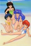  1990s_(style) 4girls barefoot beach bikini black_hair bow bracelet braid brown_hair casual_one-piece_swimsuit clothes_writing day double_bun eyebrows_visible_through_hair green_swimsuit hair_bow halterneck hand_on_another&#039;s_shoulder hand_on_own_leg hibiki_ryouga jewelry kneeling kuonji_ukyou long_hair looking_at_viewer multiple_girls nakajima_atsuko one-piece_swimsuit outdoors purple_hair ranma-chan ranma_1/2 red_bikini redhead saotome_ranma shampoo_(ranma_1/2) short_hair sidelocks single_braid sitting smile swimsuit tendou_akane yellow_swimsuit 