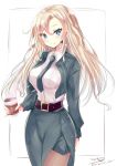  1girl absurdres belt belt_buckle black_belt black_jacket black_legwear black_neckwear blonde_hair blue_eyes blush buckle closed_mouth coffee coffee_cup collared_shirt cup disposable_cup eyebrows_visible_through_hair highres hizaka holding holding_cup hornet_(kantai_collection) jacket kantai_collection long_hair long_sleeves necktie open_clothes open_jacket pantyhose shirt signature smile solo twitter_username white_shirt 