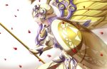  1girl armor athena_(saint_seiya) female golden_armor helmet kido_saori purple_hair rose_petals saint_seiya shield simple_background solo 