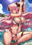  bikini blue_eyes braid breasts demon_horns draph foxy_rain granblue_fantasy hair_ornament hair_over_one_eye horns katana large_breasts lavender_hair long_hair low_tied_hair narmaya_(granblue_fantasy) pointy_ears single_braid swimsuit sword thigh_strap weapon white_bikini 