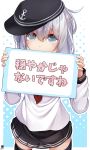  1girl absurdres anchor_symbol black_headwear black_legwear black_skirt blue_eyes blush cowboy_shot eyebrows_visible_through_hair flat_cap hair_between_eyes hat hibiki_(kantai_collection) hibiki_zerocodo highres holding kantai_collection long_hair long_sleeves neckerchief pleated_skirt red_neckwear school_uniform serafuku signature silver_hair skirt solo thigh-highs 