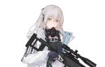  1girl blonde_hair blue_gloves body_armor character_request eyebrows_visible_through_hair fingerless_gloves gas_mask girls_frontline gloves green_eyes gun hand_on_weapon headphones highres holding holding_weapon jacket long_hair looking_at_viewer lunaplum original rifle science_fiction solo weapon white_background white_jacket 