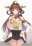  1girl ahoge black_skirt boots brown_hair detached_sleeves double_bun finger_to_mouth hairband hakama_skirt headgear japanese_clothes kantai_collection kasumi_(skchkko) kongou_(kantai_collection) long_hair pleated_skirt popped_collar remodel_(kantai_collection) ribbon-trimmed_sleeves ribbon_trim simple_background sitting skirt solo thigh-highs thigh_boots white_background 