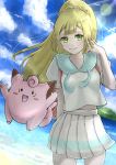  1girl arm_behind_back bangs beach blonde_hair braid clefairy closed_mouth cowboy_shot day floating_hair gen_1_pokemon green_eyes high_ponytail long_hair looking_at_viewer miniskirt outdoors pleated_skirt pokemon pokemon_(creature) pokemon_(game) pokemon_swsh setta_shu shiny shiny_hair shirt short_sleeves skirt smile solo standing very_long_hair white_shirt white_skirt 