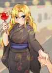  1girl absurdres blonde_hair blue_eyes candy_apple festival floral_print food highres holding holding_weapon hornet_(kantai_collection) japanese_clothes kantai_collection kimono kitahama_(siroimakeinu831) long_hair looking_at_viewer obi sash solo summer_festival weapon yukata 