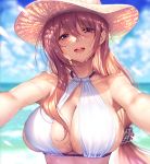  1girl :d bangs beach bikini blurry blurry_background blush breasts brown_hair day eyebrows_visible_through_hair hair_between_eyes hair_ornament hair_scrunchie halter_top halterneck hanikami_kanojo hat kurumi_shinoha large_breasts long_hair looking_at_viewer low-tied_long_hair mole mole_under_mouth open_mouth original outdoors piromizu reaching_out scrunchie sidelocks smile solo sun_hat swimsuit violet_eyes wet 