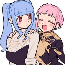  2girls alternate_hairstyle artist_name blue_hair braid brown_eyes closed_eyes closed_mouth crown_braid do_m_kaeru fire_emblem fire_emblem:_three_houses garreg_mach_monastery_uniform hairstyle_switch hilda_valentine_goneril long_hair long_sleeves marianne_von_edmund multiple_girls open_mouth pink_hair simple_background twintails uniform upper_body white_background 