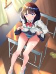  1girl bangs bare_legs black_hair blue_eyes blue_panties blue_skirt bow bowtie breasts classroom collared_shirt desk highres indoors lifted_by_self long_hair long_sleeves medium_breasts momo_911 on_desk orange_scrunchie panties pleated_skirt red_neckwear school_desk school_uniform scrunchie shirt shoes sitting sitting_on_desk skirt skirt_lift ssss.gridman straight_hair striped striped_panties takarada_rikka thighs underwear uwabaki white_shirt wrist_scrunchie 