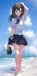  1girl absurdres arm_up bare_legs beach black_footwear black_hair black_skirt blue_eyes blue_sky clouds collared_shirt day grin highres loafers long_hair looking_at_viewer miniskirt neck_ribbon original outdoors ribbon shirt shoes shoes_removed short_sleeves skirt sky smile solo sunlight tokkyu water white_shirt 