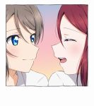  2girls absurdres bangs blue_eyes closed_eyes closed_mouth eyebrows_visible_through_hair grey_hair hair_between_eyes highres looking_at_another love_live! love_live!_sunshine!! multiple_girls open_mouth portrait profile redhead sakurauchi_riko shiny shiny_hair short_hair simple_background smile watanabe_you white_background yuchi_(salmon-1000) 