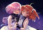  2girls ahoge bare_shoulders breasts commentary_request dress eyebrows_visible_through_hair fate/grand_order fate_(series) fujimaru_ritsuka_(female) gloves hair_between_eyes hair_over_one_eye large_breasts looking_at_viewer mash_kyrielight multiple_girls open_mouth orange_hair pink_hair ruri_rarako side_ponytail sleeveless teeth tongue upper_body violet_eyes 