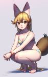  1girl :d animal_ear_fluff animal_ears bangs bare_legs bare_shoulders barefoot bikini blonde_hair breasts collarbone commentary extra_ears eyebrows_visible_through_hair ezo_red_fox_(kemono_friends) fox_ears fox_girl fox_tail full_body grey_background hair_between_eyes highres kemono_friends long_hair looking_at_viewer medium_breasts navel open_mouth orange_eyes signature simple_background smile solo squatting swimsuit tail very_long_hair welt_(kinsei_koutenkyoku) 