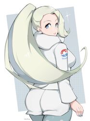  1girl alternate_hairstyle ass blue_eyes blue_nails earrings highres jewelry leggings legwear_under_shorts looking_back melon_(pokemon) milka_(milk4ppl) nail_polish pantyhose platinum_blonde_hair pokemon pokemon_(game) pokemon_swsh ponytail shorts solo 