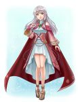  1girl :d absurdres bangle bare_shoulders blue_scarf boots bracelet breasts bridal_gauntlets cape circlet curly_hair dress fire_emblem fire_emblem:_radiant_dawn half_updo hazuki_(nyorosuke) head_tilt highres jewelry long_hair long_sleeves looking_at_viewer medium_breasts micaiah_(fire_emblem) open_mouth red_cape scarf shoes silver_hair simple_background smile solo turtleneck_dress wide_sleeves yellow_eyes 