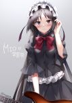  1girl akiyama_mio bangs black_dress blue_eyes blush bow character_name dress grey_background guitar hand_up instrument k-on! long_hair looking_at_viewer maid_headdress nyanya parted_bangs red_bow solo standing twitter_username very_long_hair 