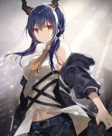  1girl arknights bangs bare_shoulders belt black_jacket blue_belt blue_hair breasts ch&#039;en_(arknights) commentary_request dragon_horns en_(shisui_no_utage) eyebrows_visible_through_hair hair_between_eyes highres horns jacket long_hair long_sleeves looking_at_viewer medium_breasts navel necktie off_shoulder open_clothes open_jacket partial_commentary red_eyes shirt sleeveless sleeveless_shirt solo twintails upper_body white_shirt yellow_neckwear 