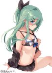  1girl adapted_costume ass bikini black_ribbon blue_eyes blush breasts cropped_legs ebifurya green_hair hair_ribbon highres kantai_collection long_hair navel ponytail ribbon shaded_face simple_background small_breasts solo swimsuit twitter_username white_background yamakaze_(kantai_collection) 