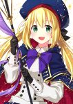  1girl artoria_pendragon_(all) artoria_pendragon_(caster) blonde_hair coconat_summer eyebrows_visible_through_hair fate/grand_order fate_(series) gloves green_eyes hair_between_eyes hat highres holding holding_staff long_hair long_sleeves looking_at_viewer open_mouth simple_background solo staff tongue upper_body white_background 