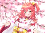  1girl absurdres ahoge appo_(36786257) bell blush cherry_blossoms detached_sleeves green_eyes hair_bell hair_ornament hairclip highres hololive long_hair looking_at_viewer open_mouth paw_print_pattern pink_hair sakura_miko solo virtual_youtuber x_hair_ornament 