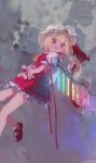  1girl absurdres ascot bangs blonde_hair blush eyebrows_visible_through_hair fangs flandre_scarlet floating foot_out_of_frame frilled_cuffs frilled_sleeves frills from_side glowing grey_background hat hat_ribbon highres impressionism leg_lift long_hair looking_at_viewer looking_down looking_to_the_side mary_janes mob_cap no_lineart open_mouth orange_neckwear petticoat puffy_short_sleeves puffy_sleeves red_eyes red_footwear red_ribbon reddizen ribbon shoes short_sleeves side_ponytail solo touhou upper_teeth white_headwear wings wrist_cuffs 