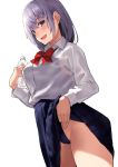  1girl :d bangs blue_eyes blue_skirt blush bottle breasts collared_shirt commentary_request dress_shirt grey_hair highleg highleg_swimsuit highres kekemotsu long_hair long_sleeves looking_at_viewer medium_breasts one-piece_swimsuit open_mouth original pleated_skirt red_neckwear revision shirt simple_background skirt skirt_lift smile swimsuit swimsuit_under_clothes thighs water_bottle white_background white_shirt 