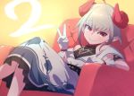  1girl ahoge armchair blush chair collar curled_horns demon_horns dress eyebrows_visible_through_hair feet_out_of_frame gloves grey_hair highres horns looking_at_viewer makaino_ririmu multicolored_hair nijisanji off-shoulder_dress off_shoulder pointy_ears red_collar red_eyes redhead sabamen short_hair sidelocks sitting smile streaked_hair symbol_commentary v virtual_youtuber white_gloves 