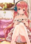  1girl akine_(kuroyuri) bag_of_chips bangs bare_shoulders bowl brown_hair chips collarbone commentary_request controller curtains dress eyebrows_visible_through_hair feet_out_of_frame food frilled_pillow frills game_controller hair_between_eyes hair_ornament headphones highres holding holding_controller indoors knees_up long_hair low_twintails no_shoes off-shoulder_dress off_shoulder original panties parted_lips pillow potato_chips red_eyes sitting solo star_(symbol) star_hair_ornament thigh-highs twintails underwear very_long_hair white_dress white_legwear white_panties window 
