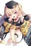  1girl :3 :d azur_lane bache_(azur_lane) bandaid bare_shoulders black_headwear black_shirt black_shorts blonde_hair choker crop_top fang fishnet_legwear fishnets fur_trim hat highres jacket long_hair long_sleeves looking_at_viewer micro_shorts midriff off_shoulder ok_sign open_clothes open_fly open_jacket open_mouth sailor_collar shirt shorts simple_background single_thighhigh sleeveless sleeveless_shirt smile socks solo soya_(torga) thigh-highs thighs torpedo_tubes two_side_up violet_eyes white_background wristband yellow_jacket 