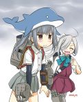  2girls :d ahoge asashimo_(kantai_collection) backpack bag blush bow bowtie brown_eyes cannon cowboy_shot dress ebifly empty_eyes fang fangs grey_hair grey_skirt grey_sky hair_bow hair_over_one_eye hand_up headband kantai_collection kasumi_(kantai_collection) multiple_girls one_eye_covered open_mouth outdoors pantyhose pleated_skirt ponytail red_dress shark shirt short_sleeves skirt smile sweat twitter_username white_bow white_shirt 