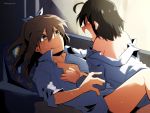  2girls ahoge back bed bedroom black_hair brown_eyes brown_hair closed_eyes embarrassed flippyz15 girl_on_top highres indoors itai_no_wa_iya_nano_de_bougyoryoku_ni_kyokufuri_shitai_to_omoimasu long_hair lying maple_(bofuri) multiple_girls on_back open_mouth pillow ponytail ribbon sally_(bofuri) screaming shirt short_hair sunlight sweat undressing white_ribbon yuri 