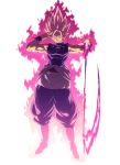  1boy abs aura baggy_pants black_pants black_shirt boots clenched_teeth clothes_down dragon_ball dragon_ball_super earrings energy_sword evil_grin evil_smile fingernails full_body gokuu_black grin hand_on_own_face hands_up highres holding holding_weapon jewelry legs_apart looking_at_viewer male_focus muscle official_style pants pectorals pink_hair pink_theme potara_earrings ring scythe shaded_face shirt simple_background smile solo spiky_hair standing super_saiyan super_saiyan_rose sword tasaka_shinnosuke taut_clothes taut_shirt teeth torn_clothes torn_shirt weapon white_background white_footwear wristband 