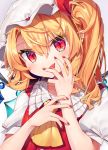  1girl arms_up blonde_hair commentary_request cravat eyebrows_visible_through_hair flandre_scarlet gunjou_row hair_between_eyes hand_on_own_face hand_on_own_wrist hat hat_ribbon highres looking_at_viewer mob_cap nail_polish one_side_up open_mouth puffy_short_sleeves puffy_sleeves red_eyes red_nails red_vest ribbon shirt short_hair short_sleeves slit_pupils solo tongue tongue_out touhou upper_body vest white_headwear white_shirt wings yellow_neckwear 