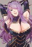  1girl armor arms_up belt between_breasts black_armor breasts camilla_(fire_emblem) capelet fire_emblem fire_emblem_fates grey_background hair_over_one_eye hair_over_shoulder highres horns large_breasts lips looking_at_viewer parted_lips purple_hair sidelocks simple_background solo tiara tobeflog violet_eyes 