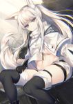  1girl animal_ear_fluff animal_ears arknights black_gloves black_legwear brown_eyes chromatic_aberration closed_mouth commentary_request crop_top crop_top_overhang dutch_angle expressionless gloves groin highres horse_ears horse_tail long_hair looking_at_viewer midriff navel platinum_(arknights) ponytail shirt short_shorts shorts sidelocks sitting solo sorai_shin&#039;ya stomach tail thigh-highs white_hair white_shirt white_shorts 