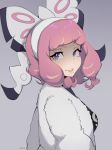  1girl blue_eyes bow breasts drill_hair hair_bow hair_ornament half-closed_eyes highres jacket kurara_(pokemon) looking_at_viewer milka_(milk4ppl) mole mole_under_mouth parted_lips pink_hair pokemon pokemon_(game) pokemon_swsh smile smirk solo twin_drills wavy_mouth 