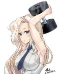  1girl black_neckwear blonde_hair breasts collared_shirt commentary_request dated dumbbell grey_eyes highres hornet_(kantai_collection) kantai_collection large_breasts long_hair necktie shirt simple_background sleeveless sleeveless_shirt solo sweat tk8d32 upper_body white_background white_shirt 