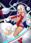  1girl altera_(fate) altera_the_santa bare_shoulders black_cola boots dark_skin detached_sleeves earmuffs fate/grand_order fate_(series) highres holding long_sleeves looking_at_viewer mittens red_eyes revealing_clothes sheep short_hair solo thighs veil white_hair 