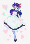  1girl :d apron beige_background black_dress black_footwear blue_eyes blue_hair breasts collared_dress colorful commentary curly_hair denaseey dot_nose dragon_ball dragon_ball_(classic) dress eyelashes frilled_apron frilled_dress frills full_body grey_legwear hair_ribbon happy heart heart_background highres long_hair looking_at_viewer lunch_(dragon_ball) maid maid_apron medium_breasts multicolored multicolored_hair open_mouth outline pantyhose pastel_colors puffy_short_sleeves puffy_sleeves red_ribbon ribbon short_sleeves simple_background skirt_hold smile solo white_apron 