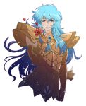  1boy androgynous armor blue_eyes golden_armor long_hair looking_at_viewer pisces_aphrodite rose saint_seiya simple_background smile 