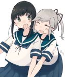  2girls artist_logo black_eyes black_hair blue_neckwear blue_sailor_collar blue_skirt closed_eyes fubuki_(kantai_collection) grey_hair hair_ribbon highres kantai_collection long_hair low_ponytail ma_rukan multiple_girls neckerchief pleated_skirt ponytail red_ribbon ribbon sailor_collar short_ponytail sidelocks simple_background skirt usugumo_(kantai_collection) white_background 