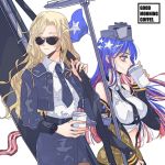  2girls american_flag anno88888 bangs bare_shoulders belt black_belt black_neckwear blonde_hair blue_eyes blue_hair blue_jacket blue_neckwear bomber_jacket closed_mouth coffee cup detached_sleeves disposable_cup drinking english_text flag gun_case highres holding holding_cup holding_staff hornet_(kantai_collection) jacket kantai_collection long_hair long_sleeves multiple_girls necktie pencil_skirt redhead shirt simple_background skirt south_dakota_(kantai_collection) staff star_(symbol) sunglasses watch watch white_background white_hair white_shirt 